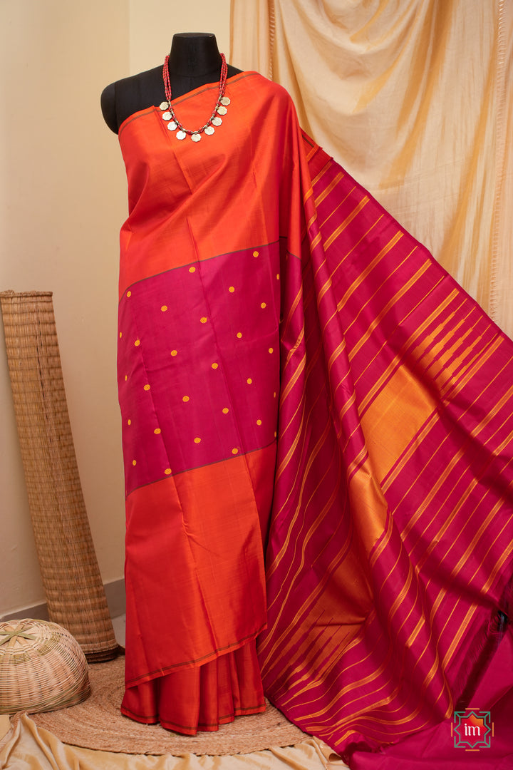 Orange-and-Red-Kanjivaram-Mubbagam-Saree-Thrayee-The-Indian-Motif
