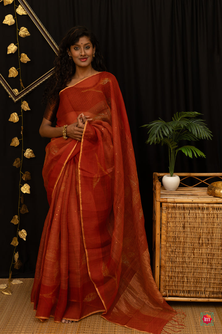 Orange Handwoven Muslin Silk Saree Agnee-1-The Indian Motif