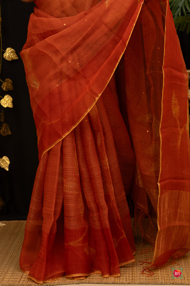 Orange Handwoven Muslin Silk Saree Agnee-14-The Indian Motif