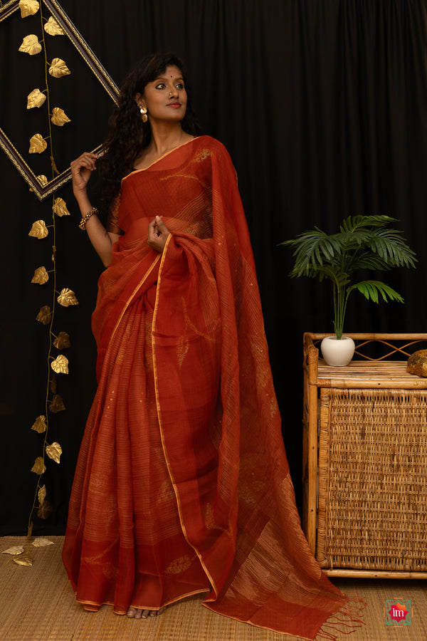 Orange Handwoven Muslin Silk Saree Agnee-The Indian Motif