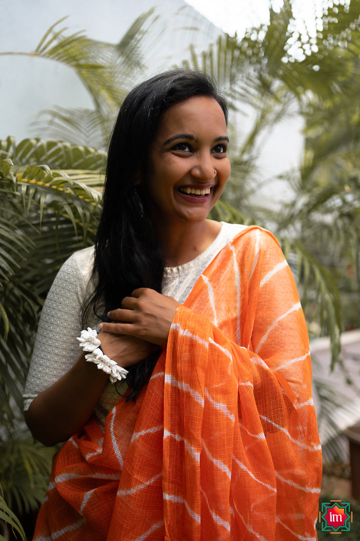 Orange Leheriya Bagru Handblock Printed Kota Doria Saree-3-The Indian Motif