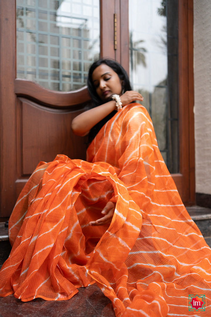 Orange Leheriya Bagru Handblock Printed Kota Doria Saree-4-The Indian Motif
