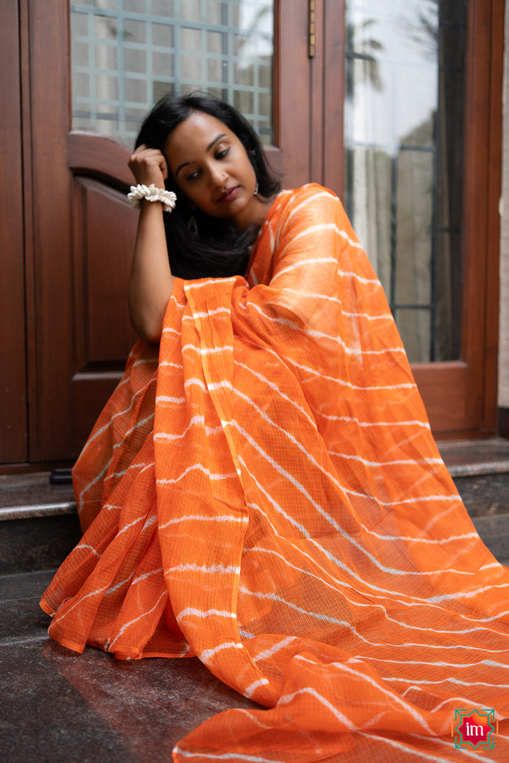 Orange Leheriya Bagru Handblock Printed Kota Doria Saree-5-The Indian Motif