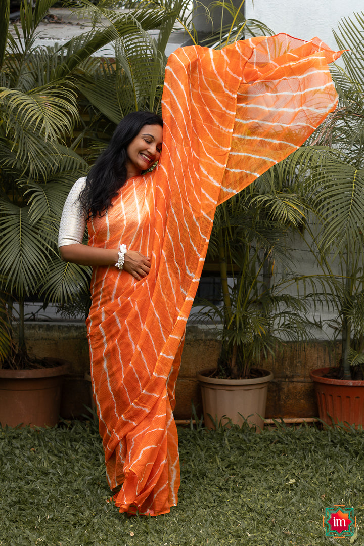 Orange Leheriya Bagru Handblock Printed Kota Doria Saree-The Indian Motif