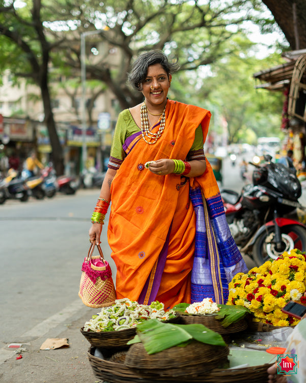 Orange-Purple-Ilkal -Lambani-Embroidery-Jugalbandhi-Saree-Kanakambaram-The-Indian-Motif
