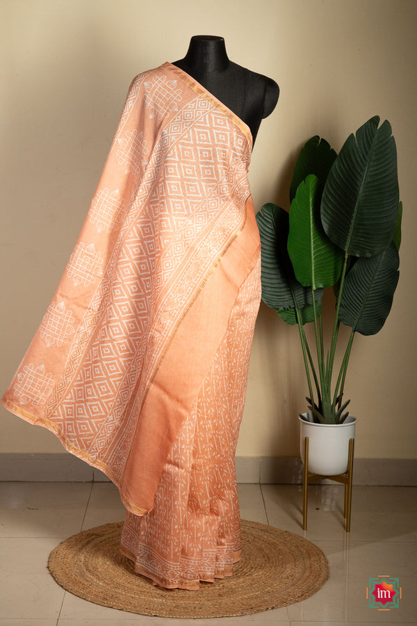 Peach Floral Bagru Handblock Chanderi Silk Cotton Saree-The Indian Motif