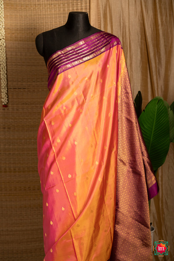 Peach-With-Purple-Mysore-Silk-Border-Molkalmuru-Silk-Saree-Kanasu-The-Indian-Motif