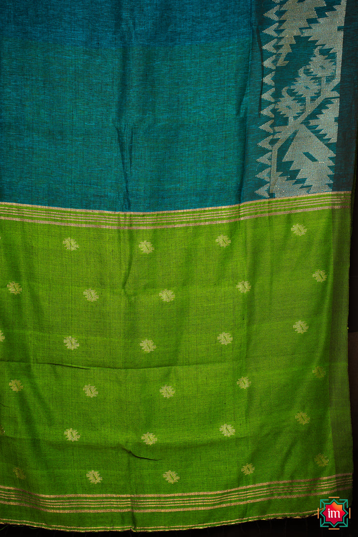 Peacock-Blue-Linen-Jamdhani-Saree -Mayura-2-The-Indian-Motif