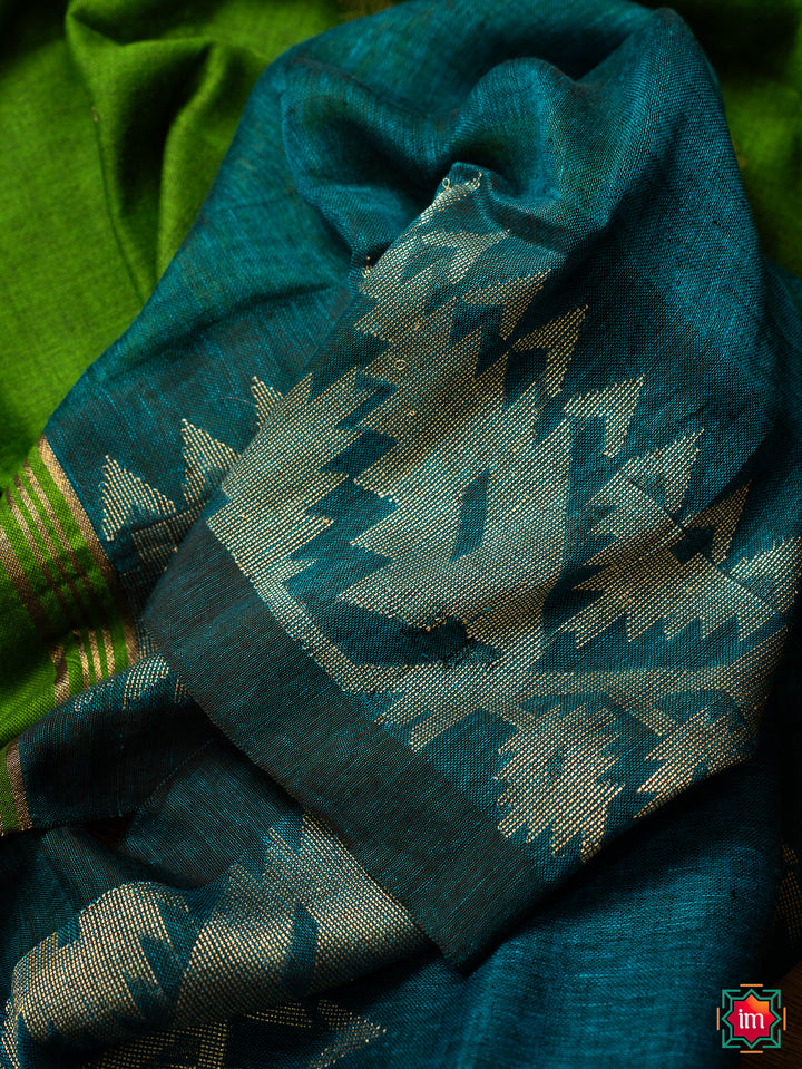 Peacock-Blue-Linen-Jamdhani-Saree -Mayura-3-The-Indian-Motif