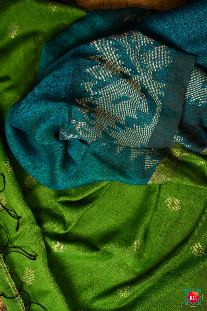 Peacock-Blue-Linen-Jamdhani-Saree -Mayura-4-The-Indian-Motif