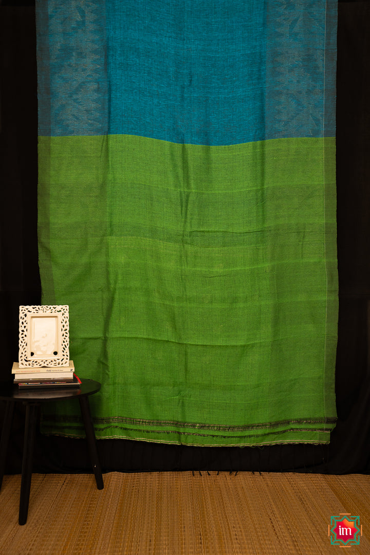 Peacock-Blue-Linen-Jamdhani-Saree -Mayura-5-The-Indian-Motif