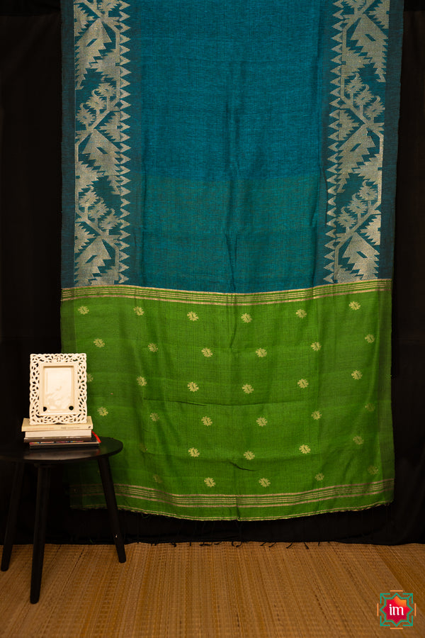 Peacock-Blue-Linen-Jamdhani-Saree -Mayura-The-Indian-Motif
