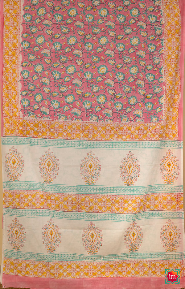 Pink-Blue-Floral-Bagru-Handblock-Printed-Mul-Cotton-Saree-Mithaas-The-Indian-Motif
