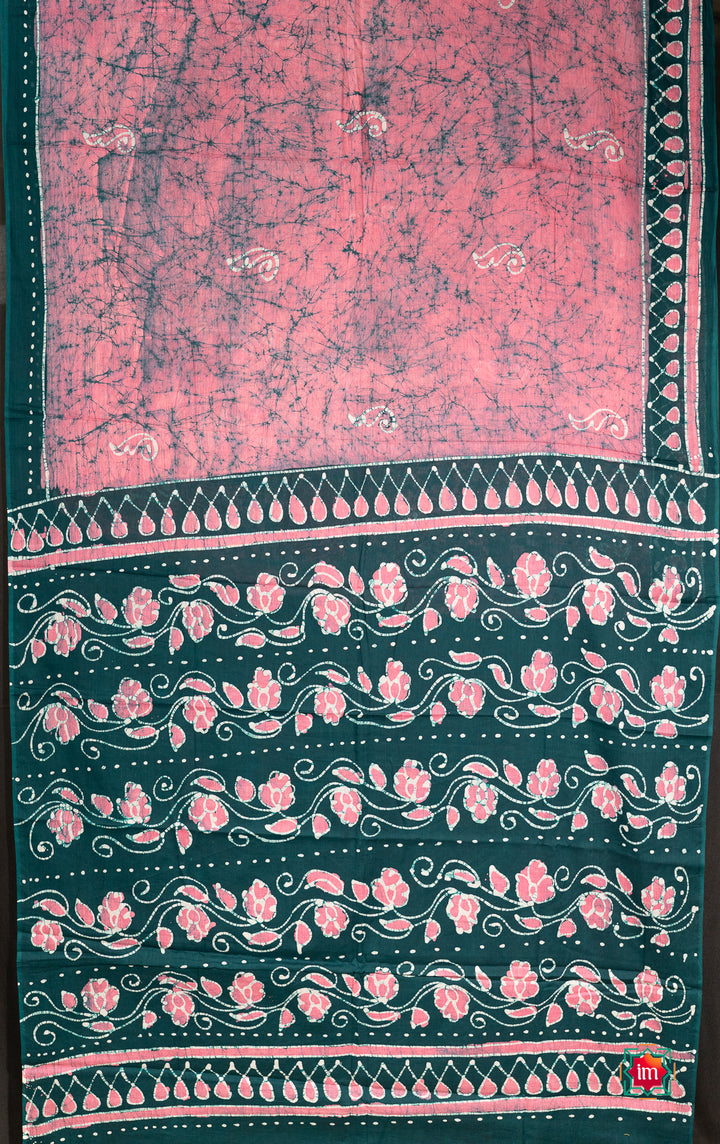 Pink Blue-Green Batik Cotton Saree Spring Flowers-2-The Indian Motif