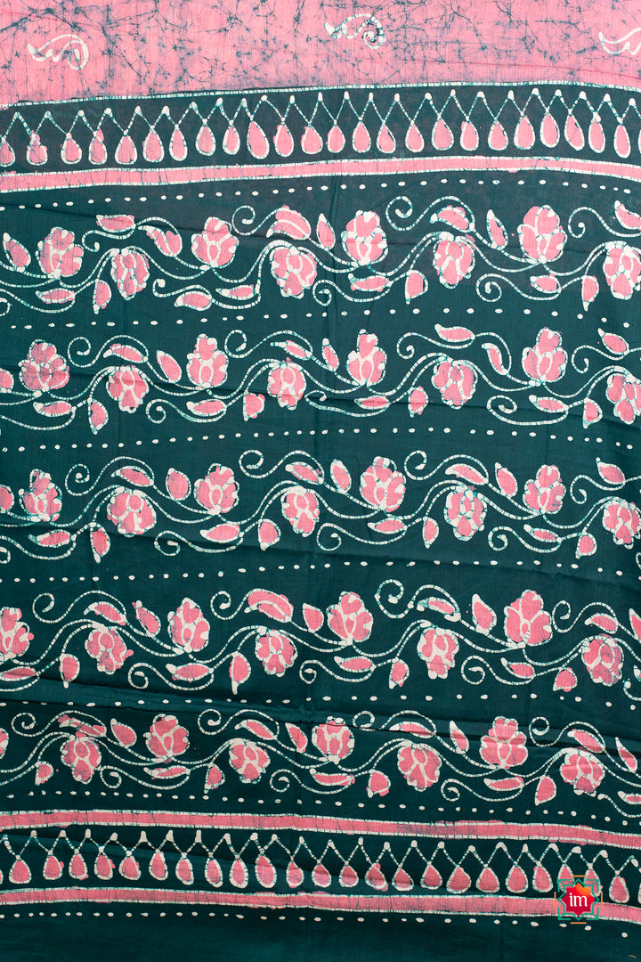 Pink Blue-Green Batik Cotton Saree Spring Flowers-5-The Indian Motif