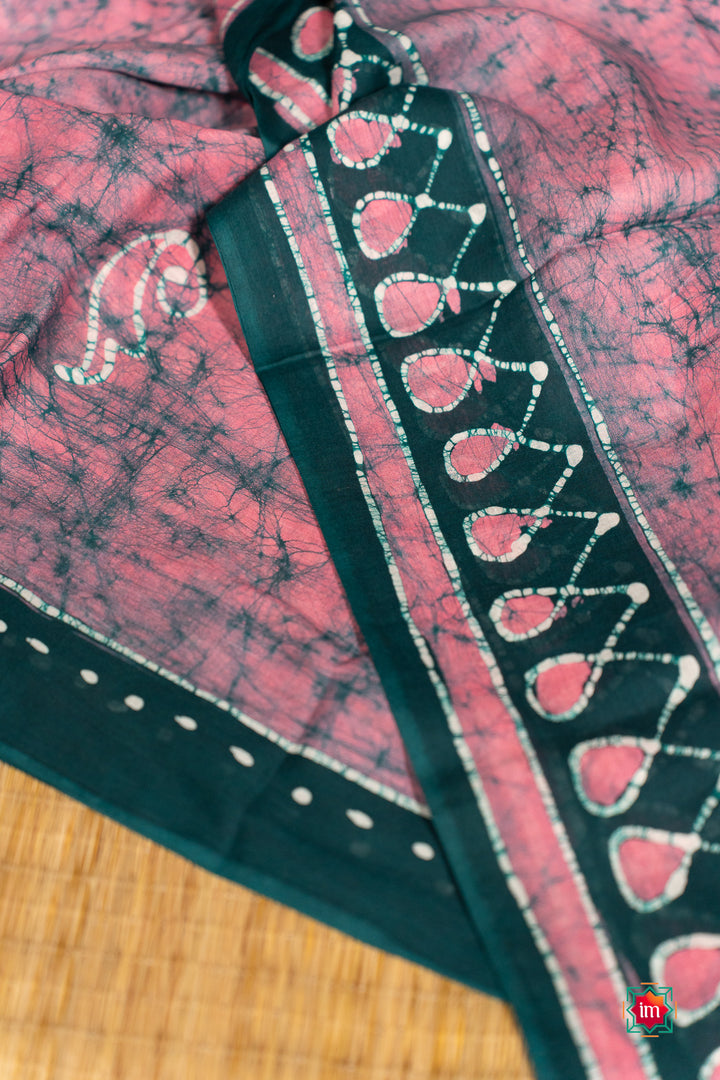 Pink Blue-Green Batik Cotton Saree Spring Flowers-The Indian Motif