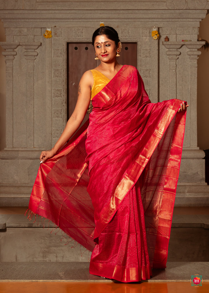 Pink Checkered Handwoven Maheshwari Silk Cotton Saree Mithai-2-The Indian Motif