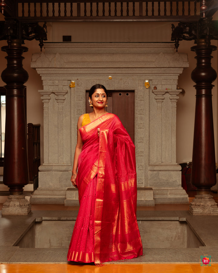 Pink Checkered Handwoven Maheshwari Silk Cotton Saree Mithai-3-The Indian Motif