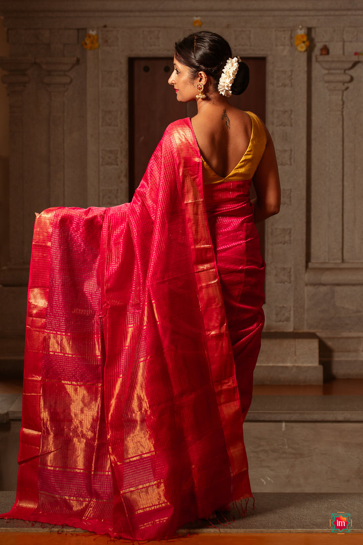 Pink Checkered Handwoven Maheshwari Silk Cotton Saree Mithai-5-The Indian Motif