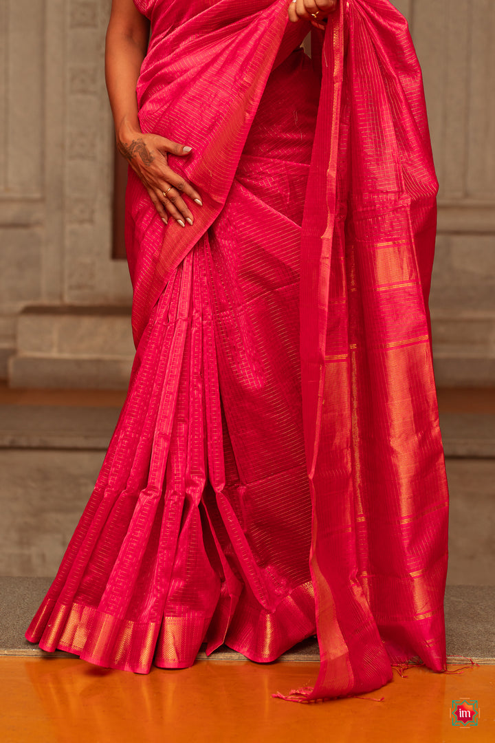 Pink Checkered Handwoven Maheshwari Silk Cotton Saree Mithai-6-The Indian Motif