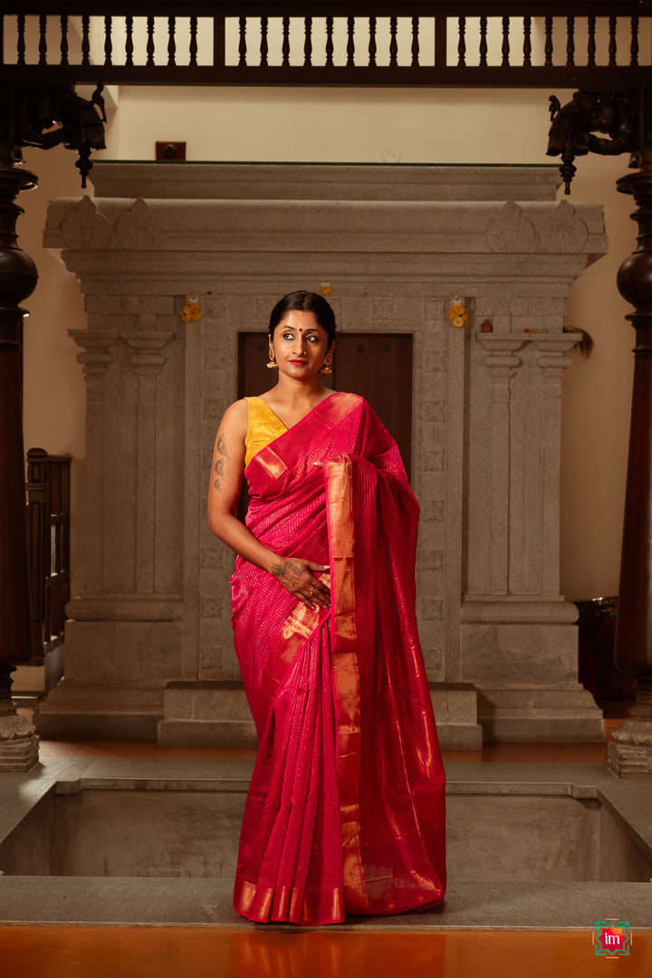 Pink Checkered Handwoven Maheshwari Silk Cotton Saree Mithai-The Indian Motif