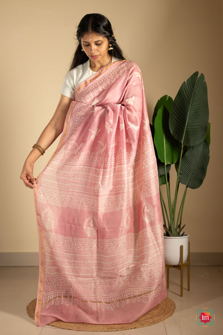 Pink-Dragonfly-Bagru-Handblock-Chanderi-Silk-Cotton-Saree-1-The-Indian-Motif