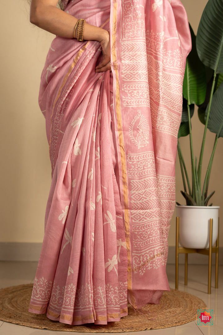 Pink-Dragonfly-Bagru-Handblock-Chanderi-Silk-Cotton-Saree-4-The-Indian-Motif