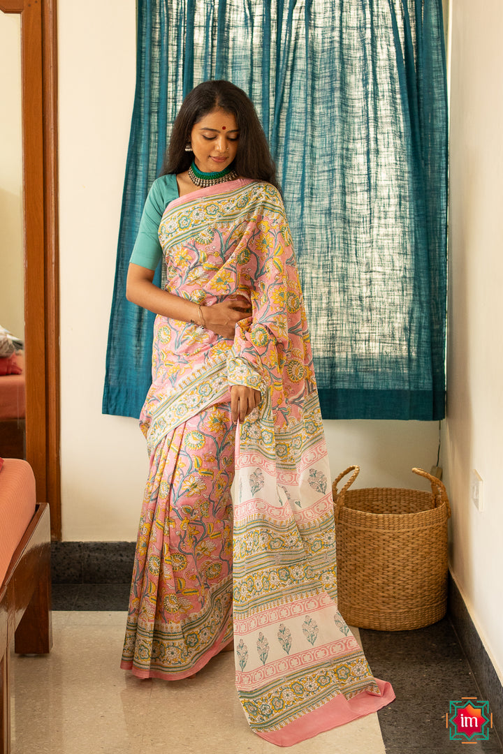Pink Floral Bagru Handblock Printed Mul Cotton Saree Kavana-3-The Indian Motif