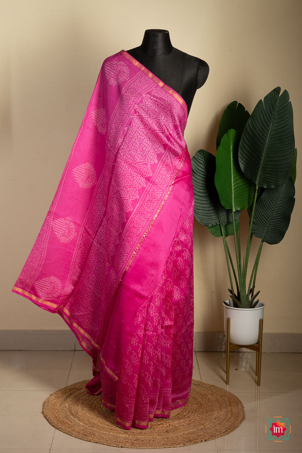 Pink Floral Shibori Bagru Handblock Chanderi Silk Cotton Saree-The Indian Motif