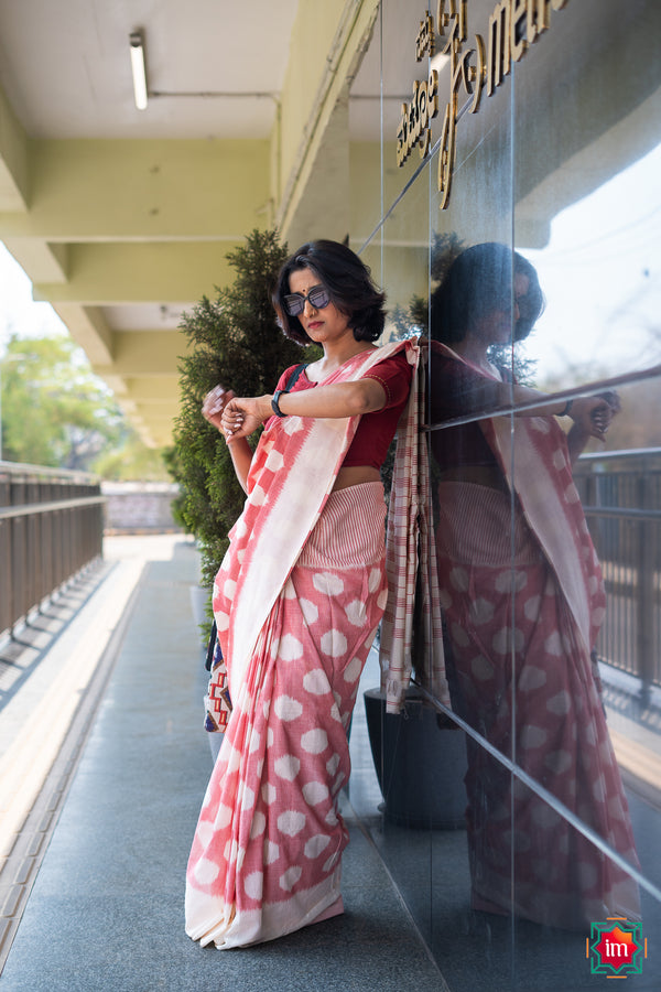 Pink-Polka-Pochampally-Ikkat-Cotton -Saree-Pastel-Love-The-Indian-Motif