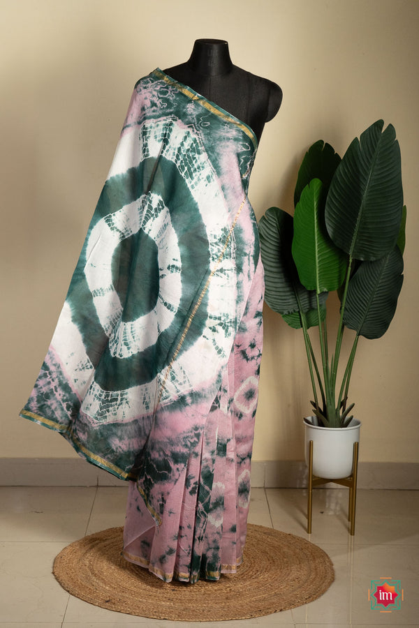 Pink Seagreen Shibori Bagru Handblock Chanderi Silk Cotton Saree-The Indian Motif