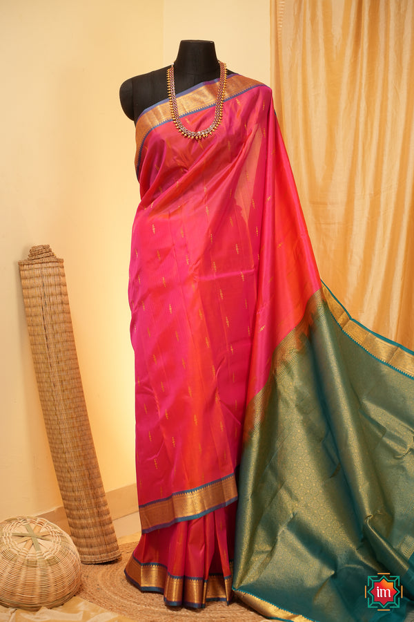 Pink-With-Blue-Kanjivaram-Handloom-Saree-Ananya-The-Indian-Motif