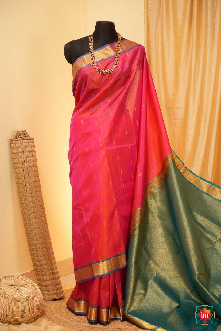 Pink-With-Blue-Kanjivaram-Handloom-Saree-Ananya-The-Indian-Motif