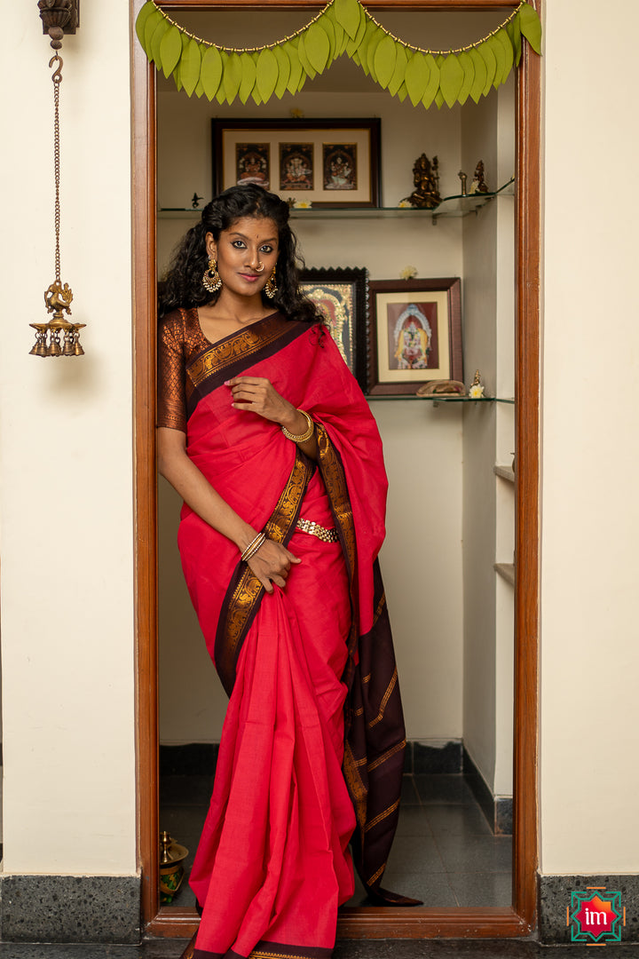 Pink With Brown Sungudi Cotton Saree Madhu-1-The Indian Motif