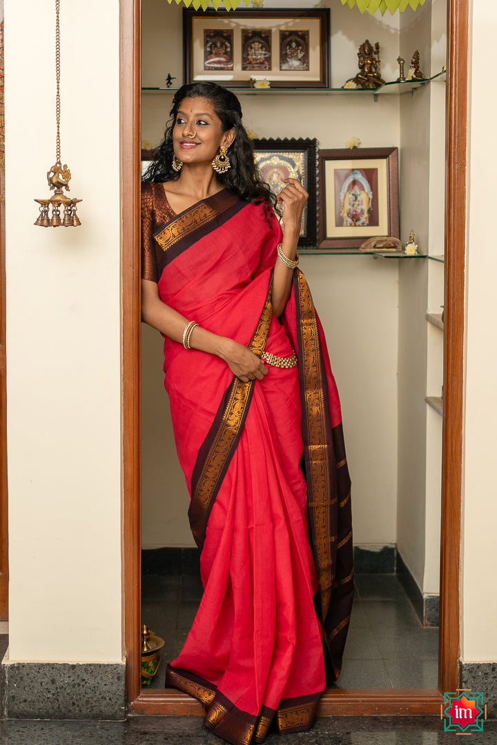 Pink With Brown Sungudi Cotton Saree Madhu-2-The Indian Motif
