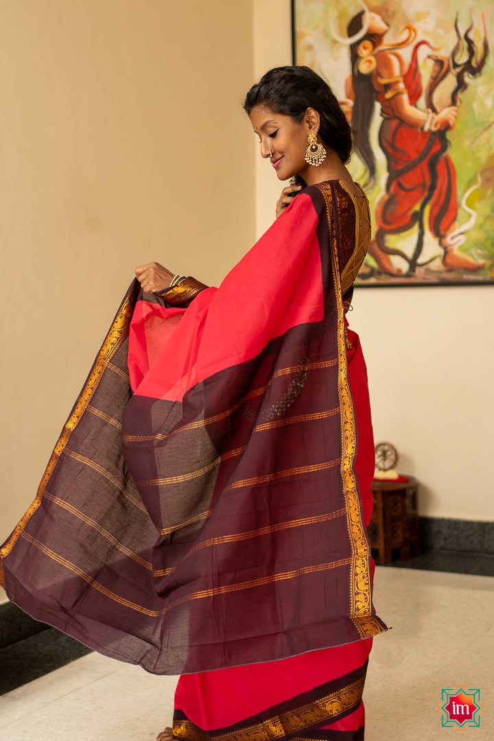 Pink With Brown Sungudi Cotton Saree Madhu-3-The Indian Motif