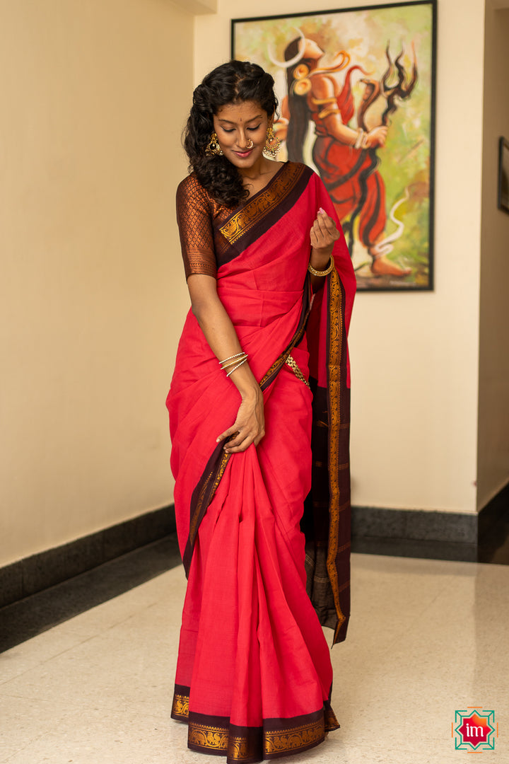 Pink With Brown Sungudi Cotton Saree Madhu-4-The Indian Motif