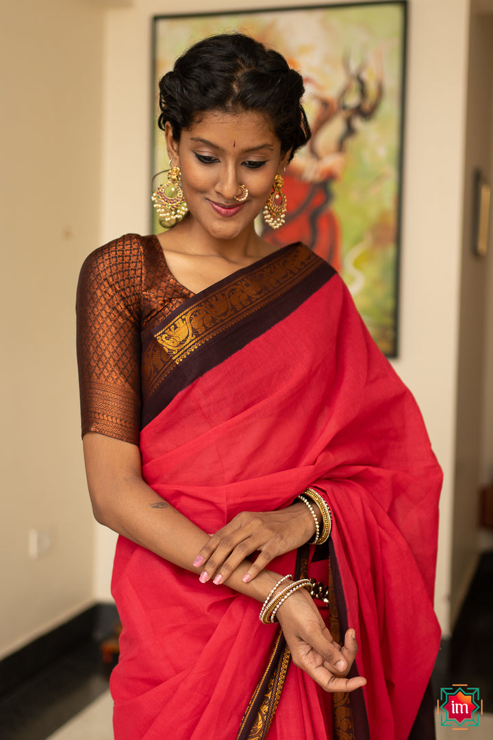 Pink With Brown Sungudi Cotton Saree Madhu-5-The Indian Motif