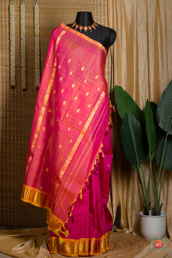 Pink-With-Yellow-Kanjivaram-Silk-Saree-Pavizham-The-Indian-Motif