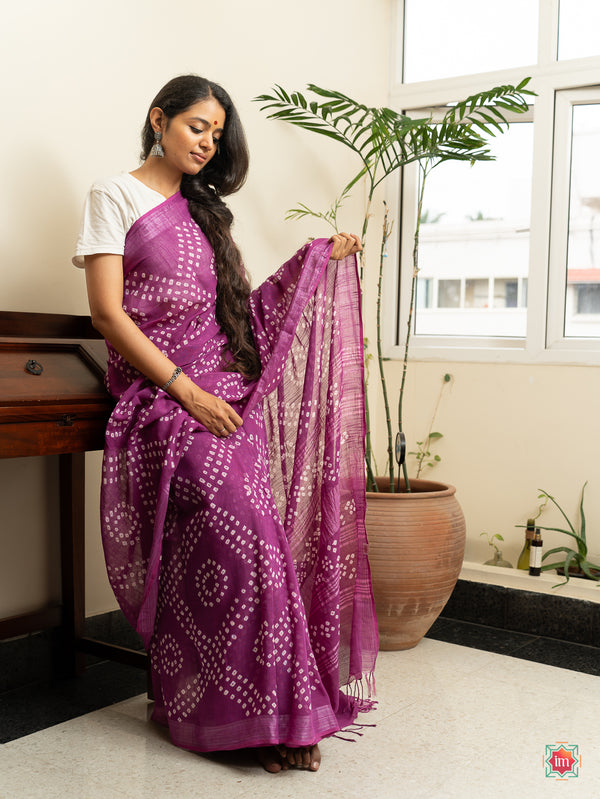 Purple Bandhini Hand Block printed Slub Cotton Saree-The Indian Motif