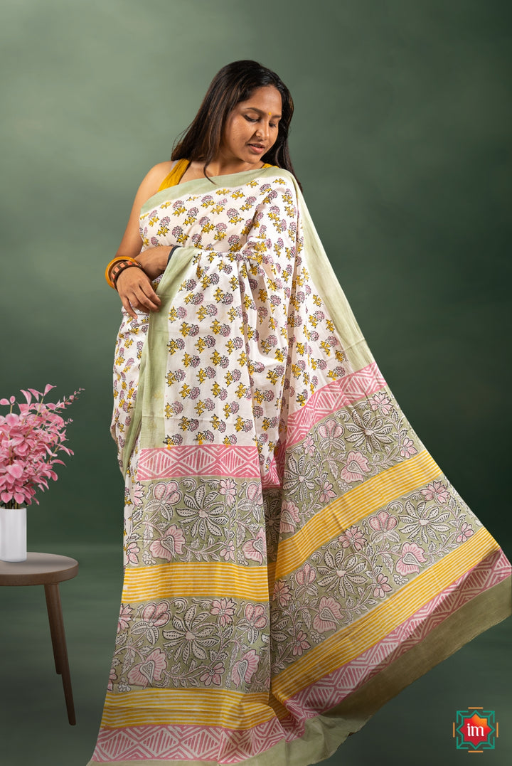 Quirky Floral Bagru Handblock Printed Mul Cotton Saree Kheli-1-The Indian Motif