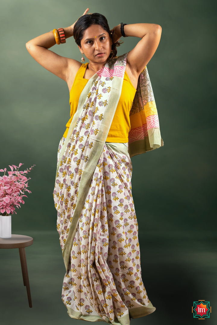Quirky Floral Bagru Handblock Printed Mul Cotton Saree Kheli-2-The Indian Motif