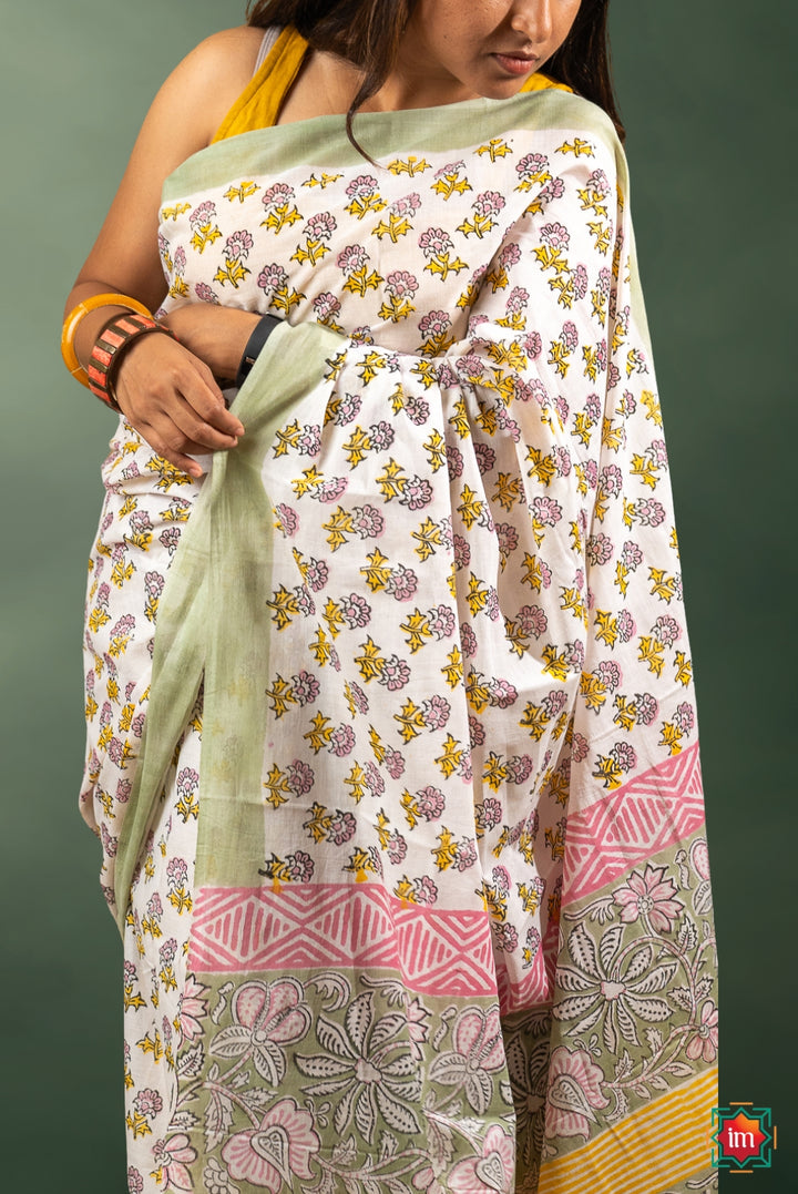 Quirky Floral Bagru Handblock Printed Mul Cotton Saree Kheli-3-The Indian Motif