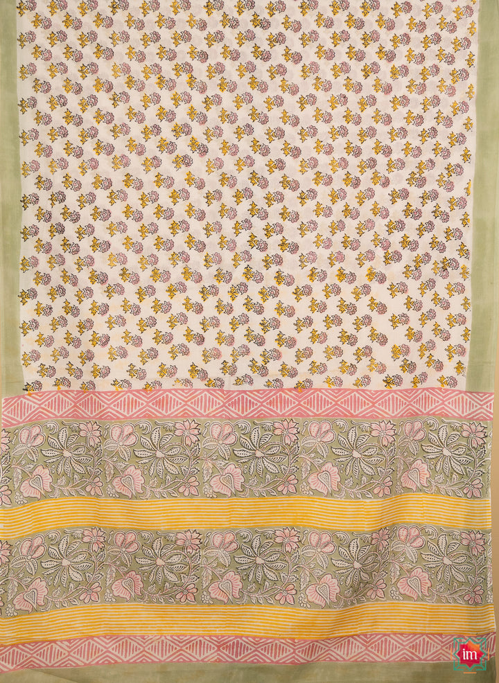 Quirky Floral Bagru Handblock Printed Mul Cotton Saree Kheli-4-The Indian Motif