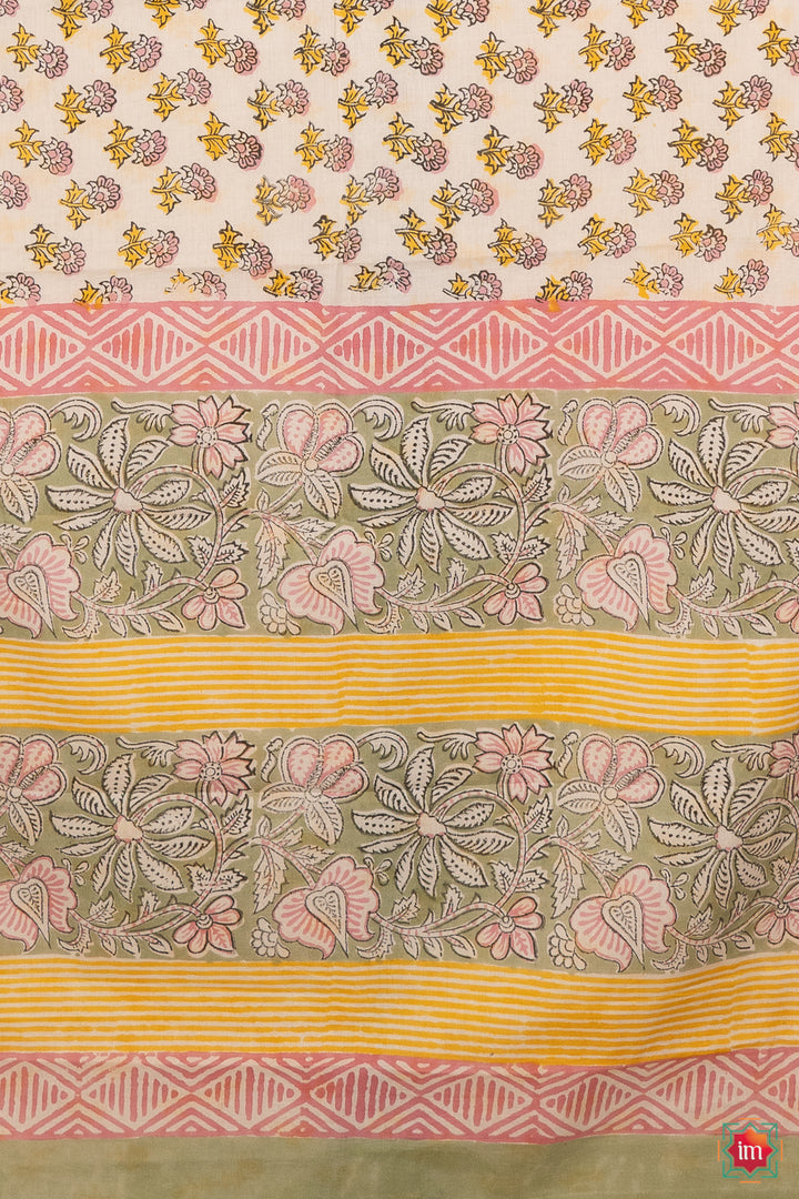 Quirky Floral Bagru Handblock Printed Mul Cotton Saree Kheli-5-The Indian Motif