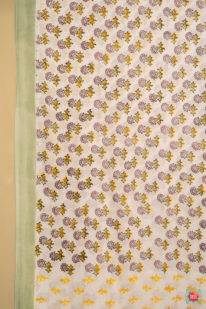 Quirky Floral Bagru Handblock Printed Mul Cotton Saree Kheli-6-The Indian Motif