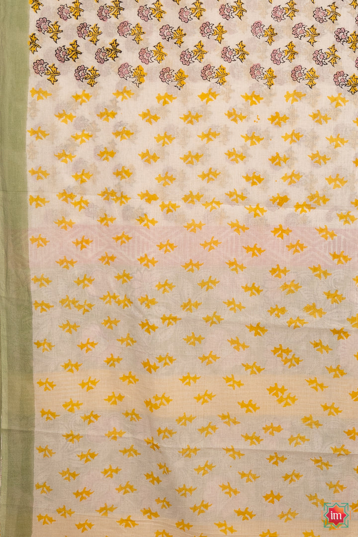 Quirky Floral Bagru Handblock Printed Mul Cotton Saree Kheli-7-The Indian Motif