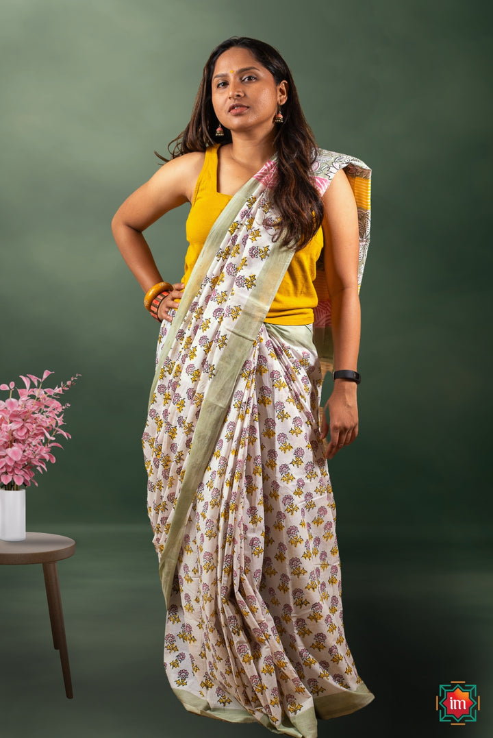Quirky Floral Bagru Handblock Printed Mul Cotton Saree Kheli-The Indian Motif