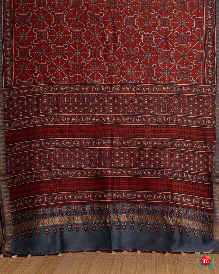 Red Ajrakh Handblock Chanderi Silk Cotton Saree Meghamalhar-1-The Indian Motif
