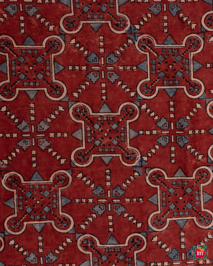 Red Ajrakh Handblock Chanderi Silk Cotton Saree Meghamalhar-2-The Indian Motif